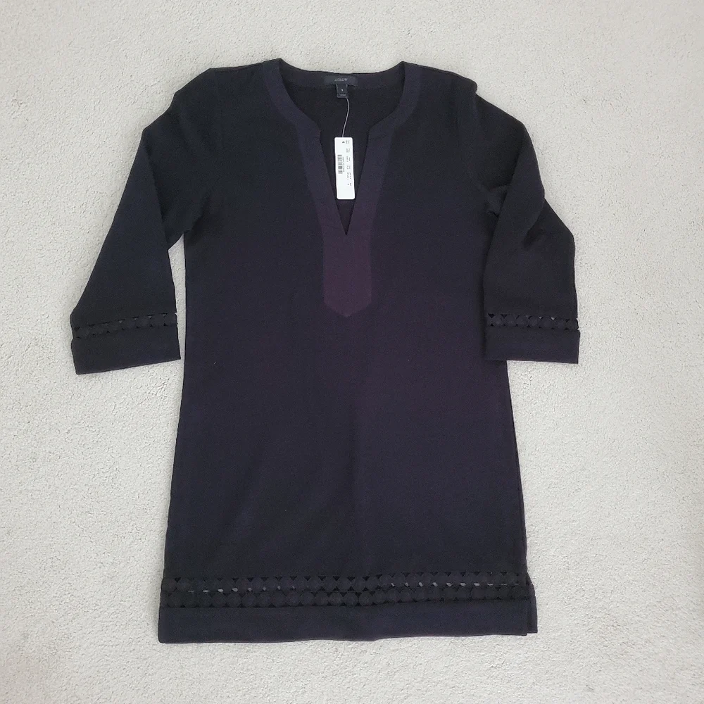 NWT J. Crew Black Embroidered 3/4 Sleeve Tunic Dress szS